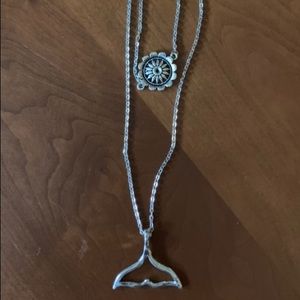 Silver Whale Fin & Flower Double Layer Necklace